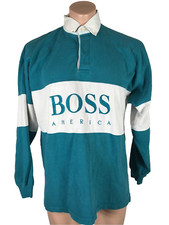 Vintage 80  s Hugo BOSS Rugby Polo LS America Spellout Medium Teal White Shirt