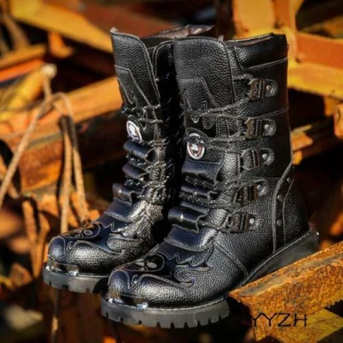 Mens Gothic Boots Punk Biker Combat Lace Black Motorcycle Cool Military Shoes UK - Picture 4 of 16