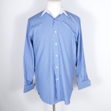 Bergdorf Goodman Tailor Fit Stripe Blue 100 Cotton Contrast Collar FR Cuff 16