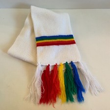 Vintage Rainbow Bright Scarf Acrylic Knit 58" Cream Colorful Tassels