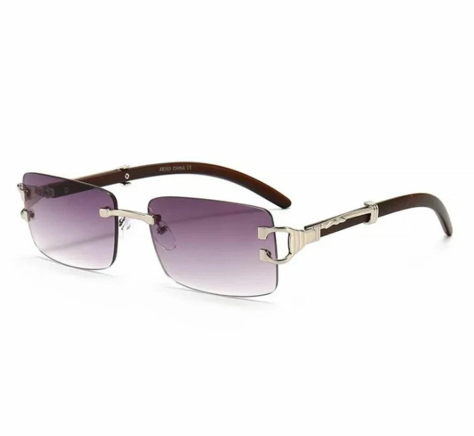 Rimless Purple Tint Rectangle Silver Frame Hip Hop Mens Buffs Sunglasses