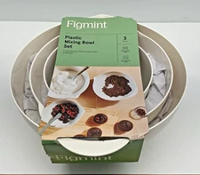 New 3 Piece Cream Figmint Plastic Mixing Bowl Set Pour Spouts Non-Slip Bottom
