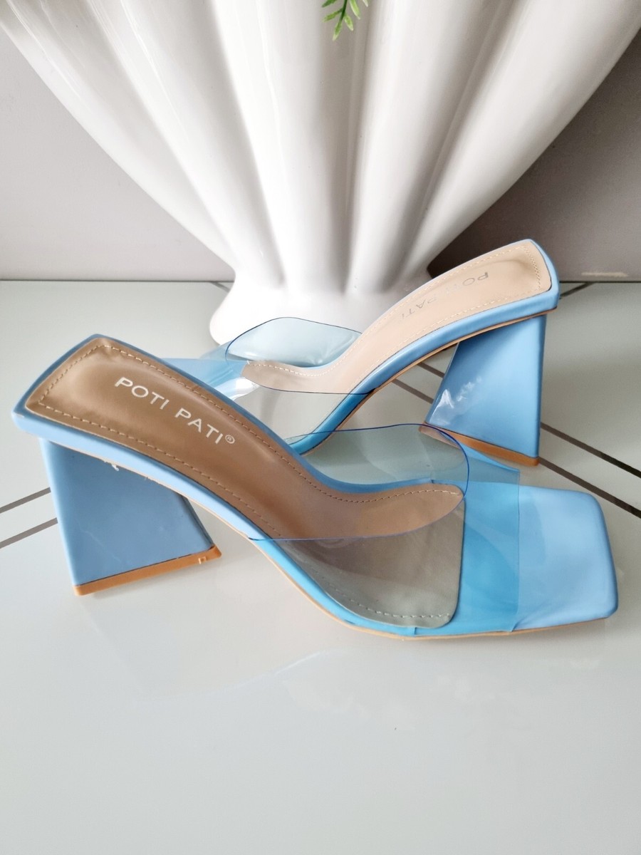 UK Size Transparent Blue Square Toe Chunky Triangle Heel Mules Shoe