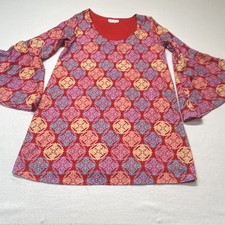 Peach Love California Women's S Red Geometric Shift Mini Dress Long Bell Sleeve