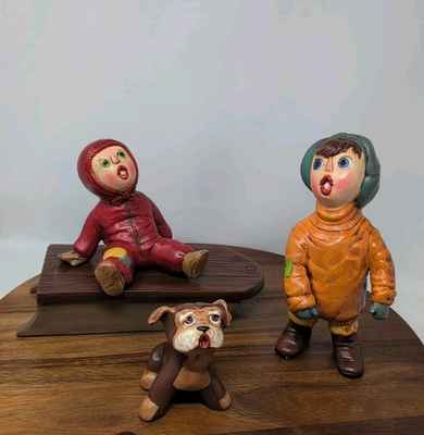 #ad 4 Vintage 1964 Ceramic MCM Christmas Winter Snow Sled Jeanette Clark Johnson Dog $96.00