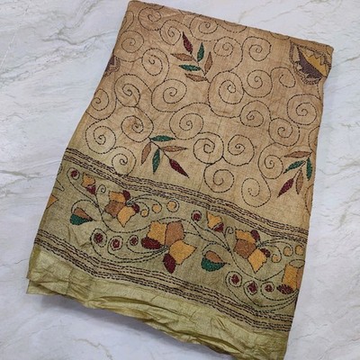 Vintage Indian Kantha Hand Embroidered Bridal Pure Silk Dupatta Veil Scarf Hijab