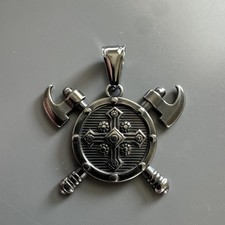 Double Axe Cross Shield Stainless Steel Pendant 24  Chain Gun Metal Viking Faith