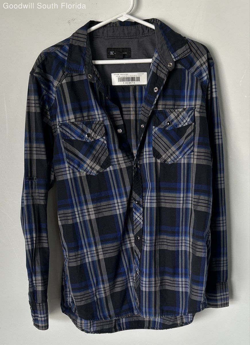INC International Concepts Mens Blue Multi Plaid Snap Button-Up Shirt Size L