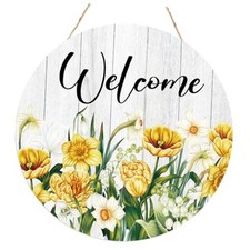 Welcome Spring Sign for Front Door, Spring front Porch Decor, Yellow Tulip