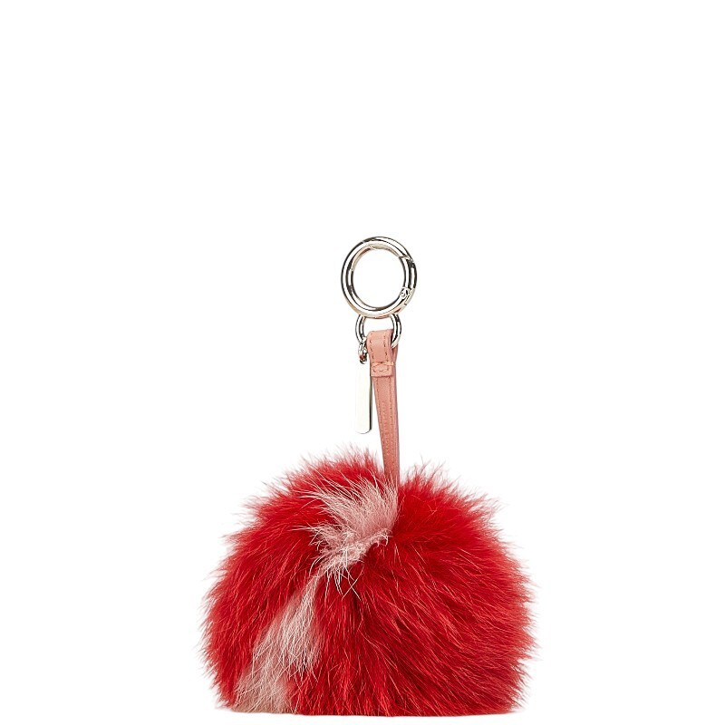 RARE FENDI Pom Pom Charm Bag Key Holder in Red Pink Fur Leather for Ladies