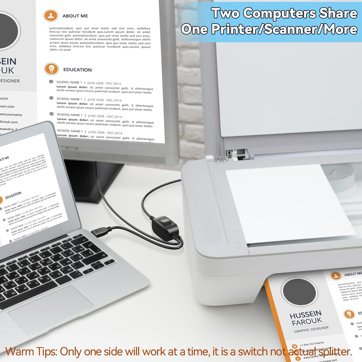 Herfair USB Splitter 1 in 2 Out Printer Cable for Two Bundled 