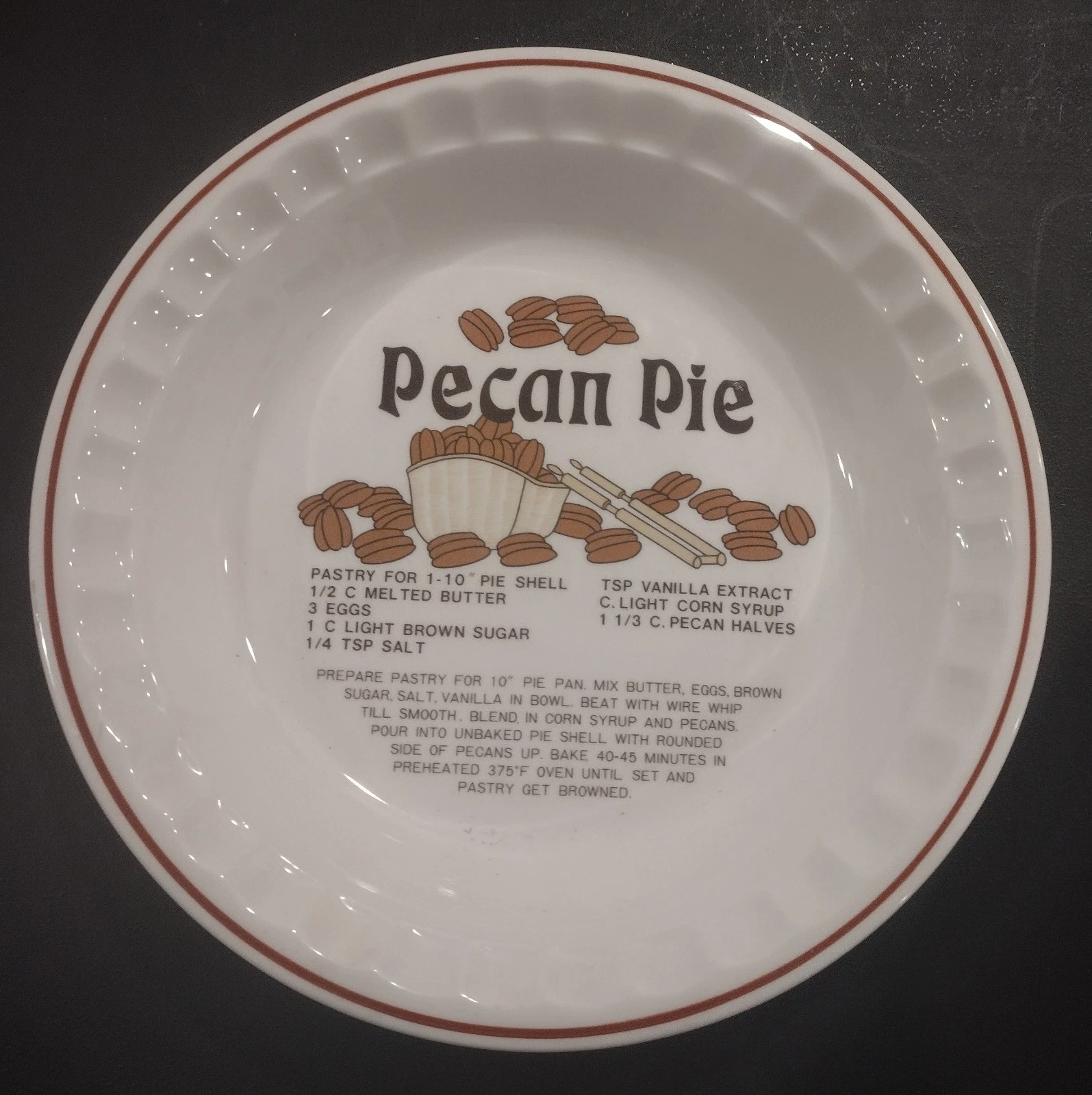 Hankook Pecan Pie Recipe Baking Baker Deep Dish Pie Plate Hankook 10.75" Vtg
