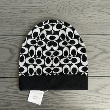 Coach Women Wool Beanie Logo Pattern Warm One Size Black & White New