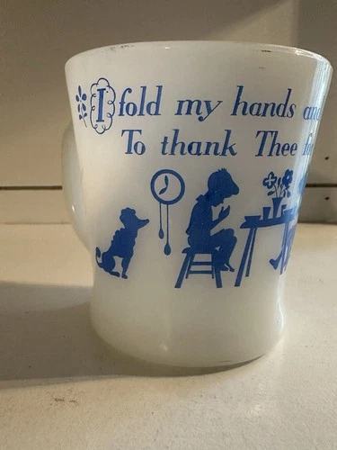 Fire King Milk Glass Child's Blue Print Prayer Mug Coffee Cup Original Vintage