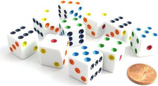 Set of 10 Six Sided D6 16Mm Standard Dice White with Multi-Color Pips
