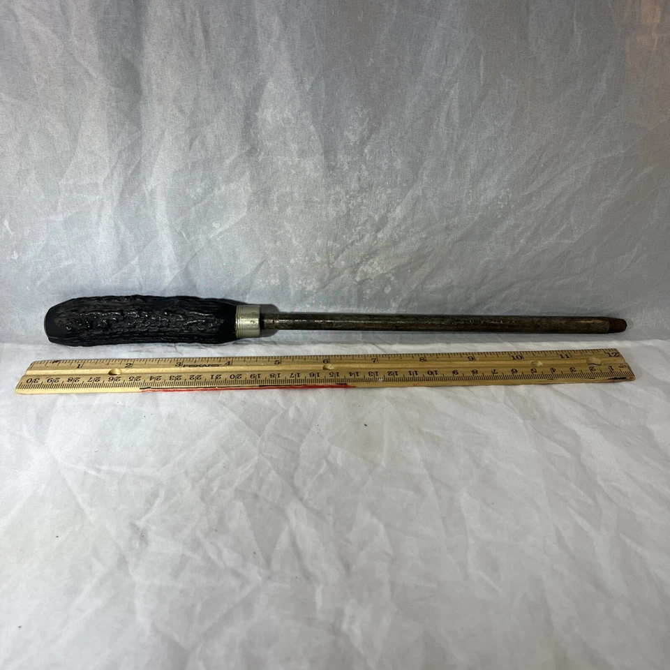 Afilador de cuchillos vintage de 13" con mango de hueso de asta negra varilla de acero Foto 2 de 4