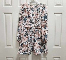 Women's Shein White Beige Floral Long Sleeve Fit & Flare Short Mini Dress Sz XS