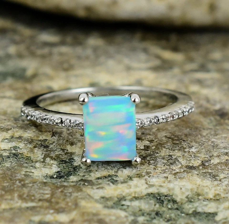 正品蓝色火蛋白石戒指 925 纯银戒指 女士用途礼物 — 第 3/4 张图片