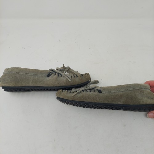 Minnetonka Sage Green Suede Kilty Hardsole Fringe Moccasin Slippers Flats Size 6 - 第 4/7 張圖片