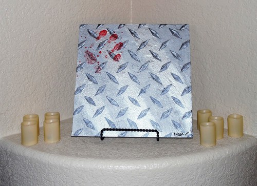 Faux Silver Metal Diamond Plate 3D Flagstone Industrial Art Painting By Artist - Picture 10 of 12