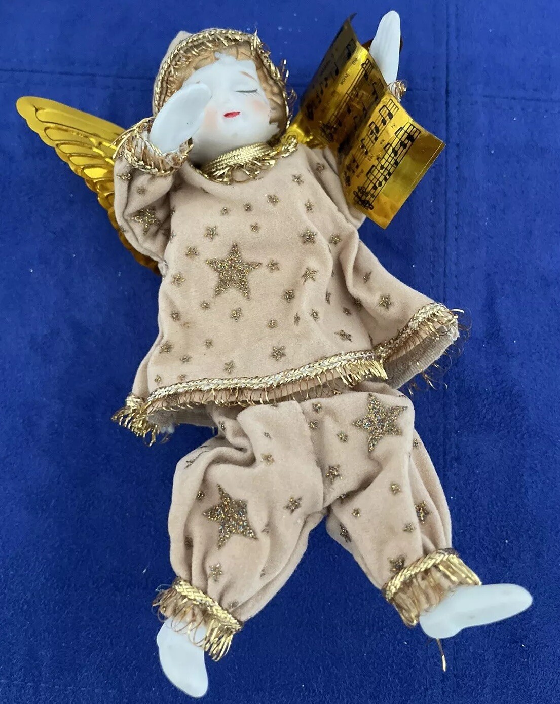 Roman Inc Velvet Angel Gold Wings Vintage Christmas Ornament Joy to the World Excellent Condition