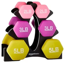 Basics Neoprene Dumbbell Hand Weights Rack with 3 Pairs 2 3 and 5 Pounds Pink...