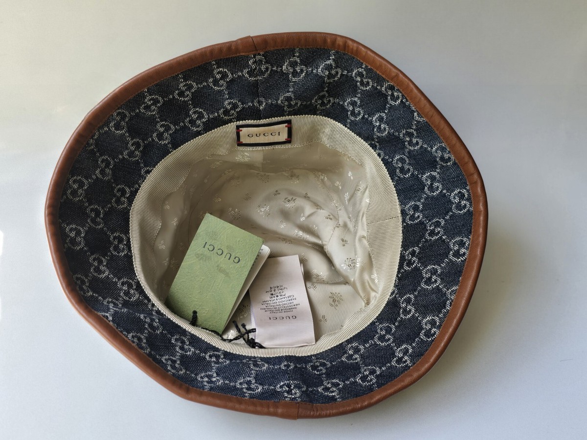 Gucci Bucket Hat Blue Denim Beige GG Monogram Logo Leather