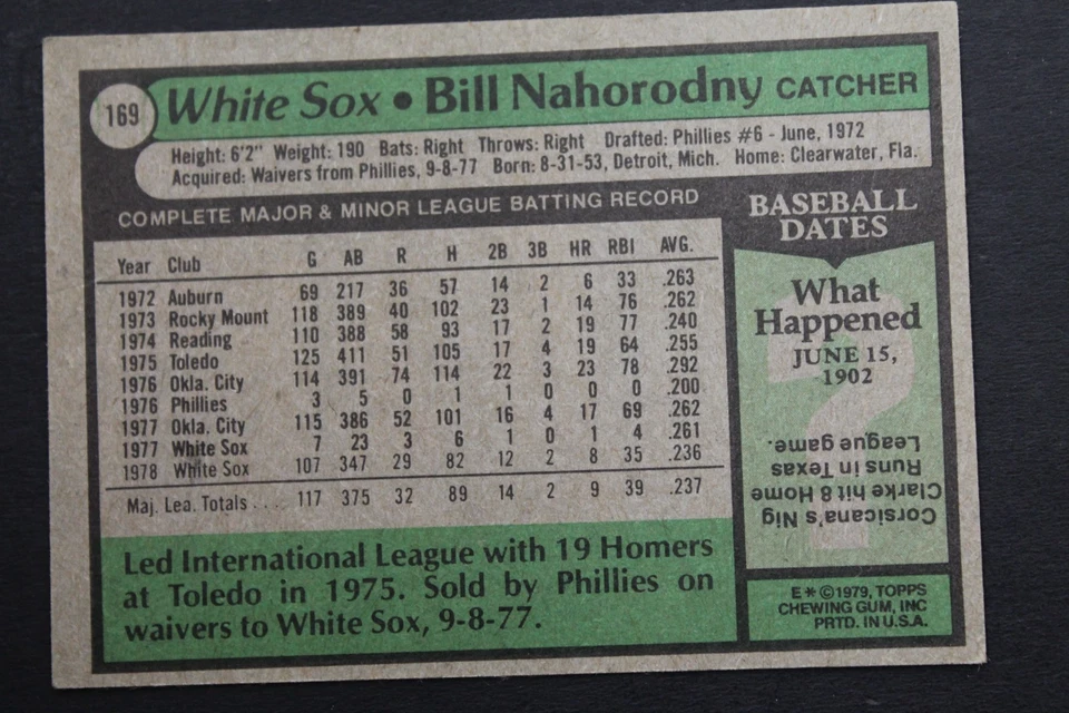 Bill Nahorodny Chicago White Sox Autograph 1979 Topps #169 Signed Baseball Card - Image 2 of 3