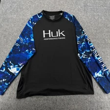 Huk Shirt Mens XL Blue Black Fishing Performance Camouflage Mossy Oak