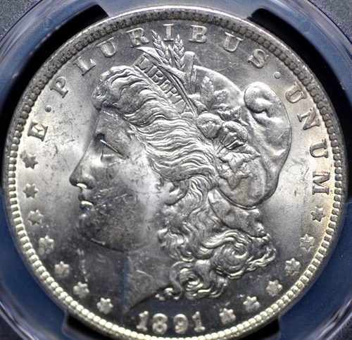 1891 MORGAN DOLLAR PCGS MS 62 ALL WHITE GOOD LUSTER AND STRIKE, A BIT SOFT AT