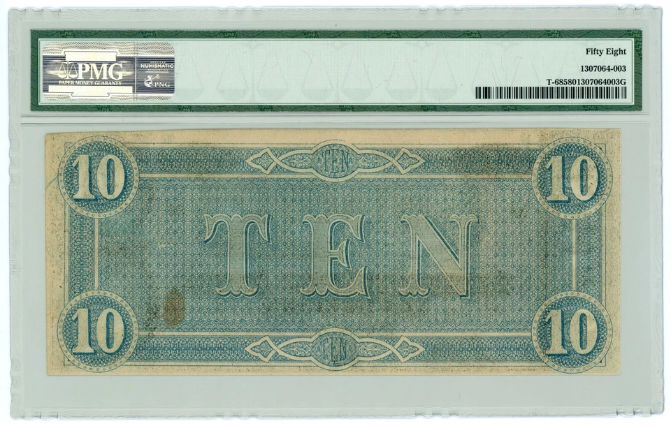 1864 T-68 $10 The Confederate States of America Note - CIVIL WAR Era PMG AU 58 - Image 2 of 2