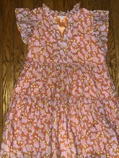THML Dress Womens Med. OrangeFloral Ruffle Sleeve Tiered Babydoll Pockets Lined
