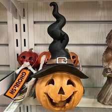 Ghoulish Halloween Pumpkin Wavy Witch Hat Figurine Decor