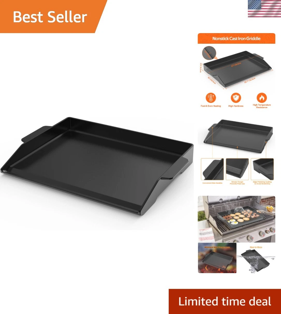 Onlyfire Universal Cast Iron Cooking Griddle, Pre-Seasoned Nonstick Coating G...