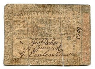 1773 EIGHTEEN PENCE PENNSYLVANIA COLONIAL CURRENCY PA As Is