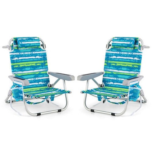Mochila Plegable Silla de Playa con Portavasos y Bolsillos de Almacenamiento Juego de 2-Verde