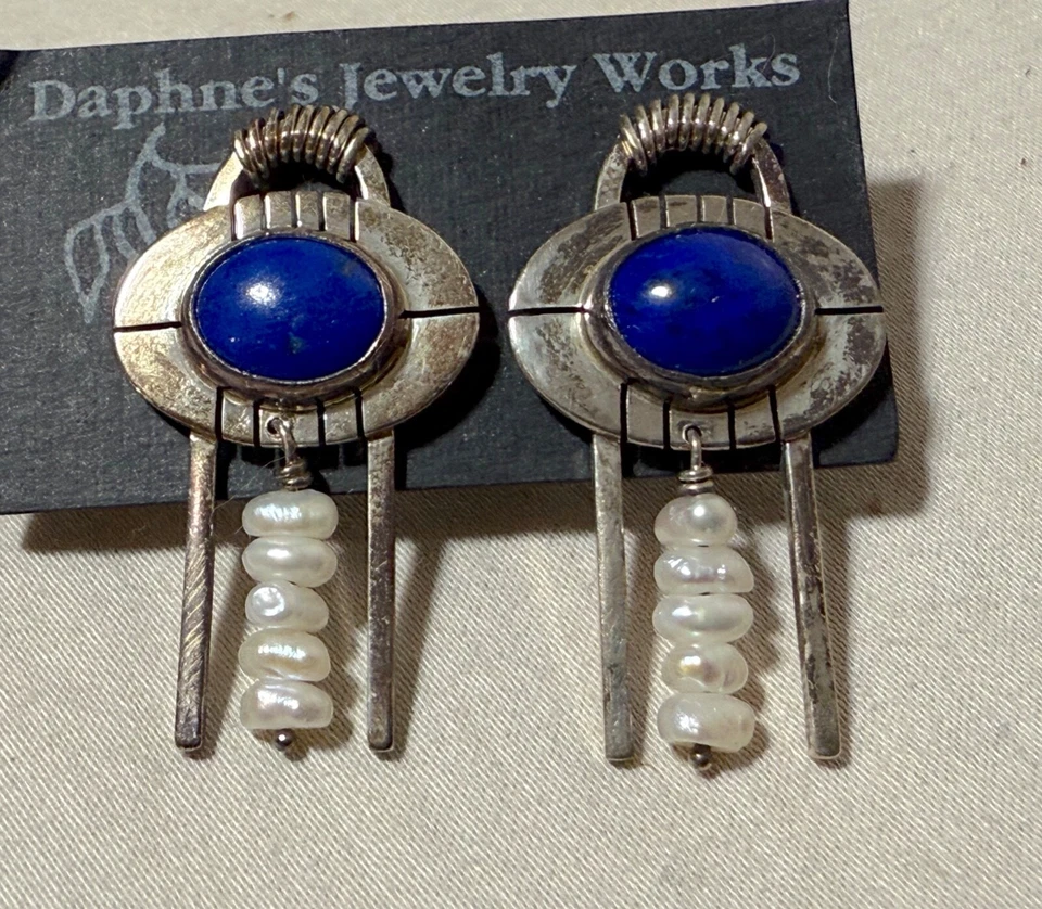 Pendientes colgantes vintage artesanales Daphne plata esterlina perla lapislázuli Foto 2 de 4