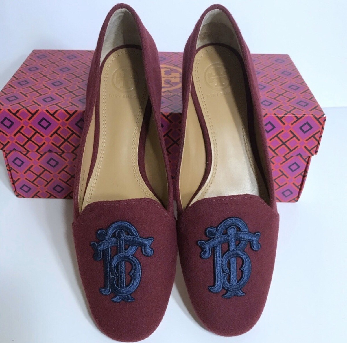 New Tory Burch Antonia Red Maroon Suede Loafers Shoes Size NIB