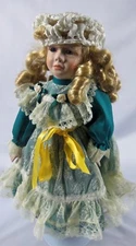 Porcelain 16” Doll with Freckles Green Dress with Laces & Hat  
