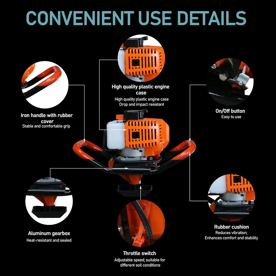 62CC 2.1KW Gas Post Hole Auger Digger W/ 3 Bits (3" 5" & 8")+3 Rods(24"24"24") - Image 4 of 4