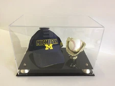 Baseball golden glove holder and ball cap case with gold riser base