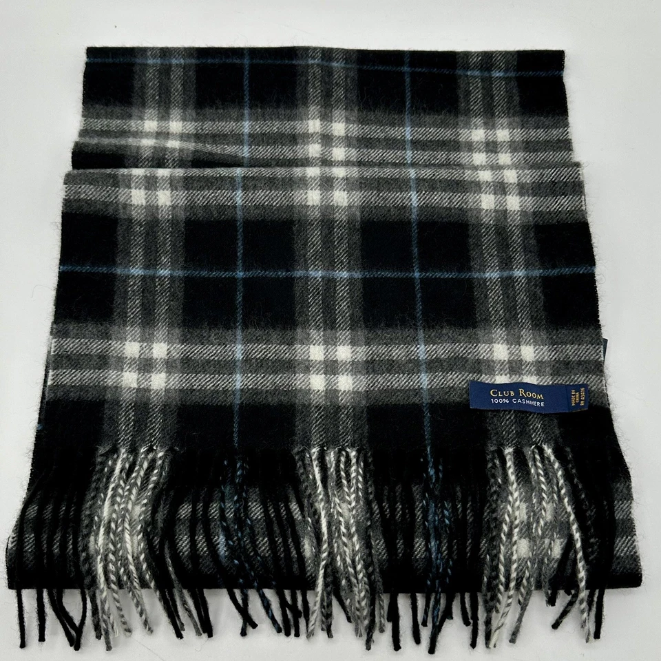 Bufanda con flecos 100 % lana cachemir Club Room negra gris a cuadros nueva con etiquetas venta al por menor $95 Foto 3 de 4