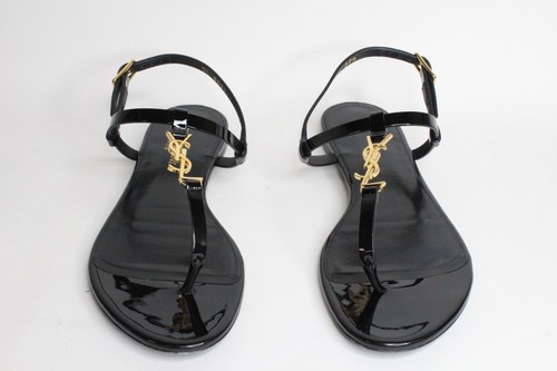 Saint Laurent Cassandra Flat Sandals Black Patent Leather EU 37.5 US 7.5 659817 - Picture 4 of 18