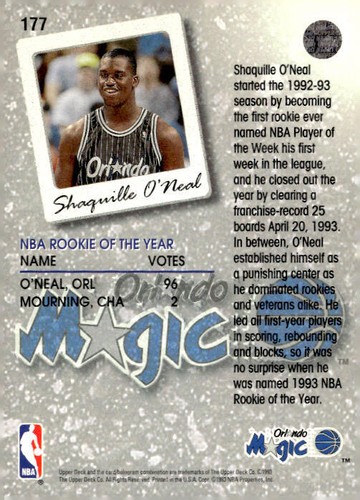 1993-94 Upper Deck #177 Shaquille O'Neal - Picture 2 of 2