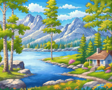 Spring Season Flower House River Valley Landscape Needlepoint Canvas