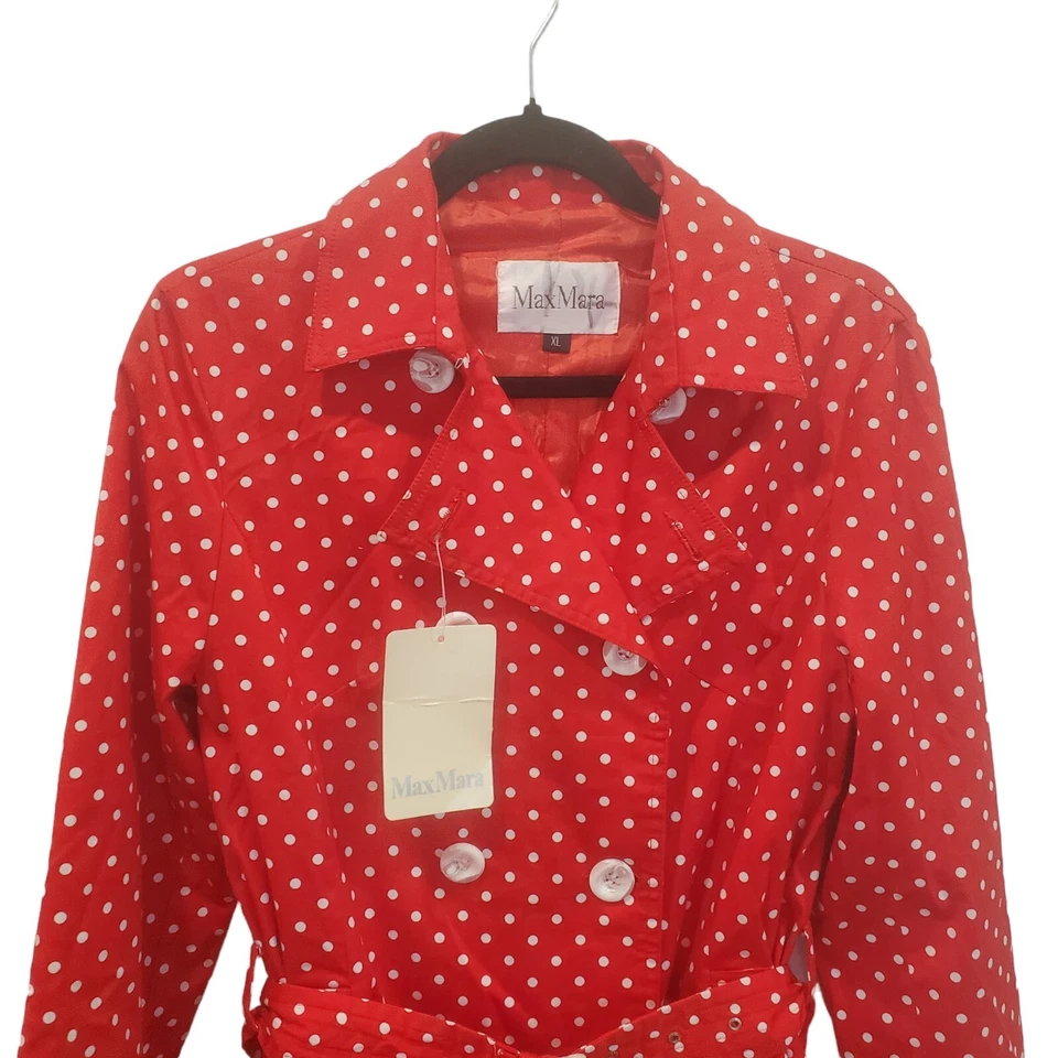 Max Mara New 90s Polka Dot Trench Coat Jacket Red Size XL NWT Lined - Image 2 of 4