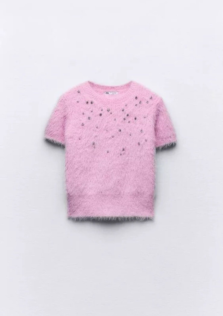 NEW ZARA CROP FURRY SWEATER PINK PULLOVER SHORT SLEEVES TOP