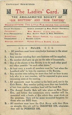 The Ladies card the Amalgamated Society of Gin Shifters and Rum Tasters rules