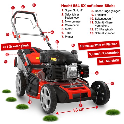 HECHT Benzin Rasenmäher mit Antrieb 53 cm Schnittbreite 6 PS Mulch Mulcher Mäher - Bild 11 von 12
