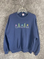 Vintage JERZEES Sweatshirt Men's XL Blue Cotton Fleece Lined Christmas Snowman